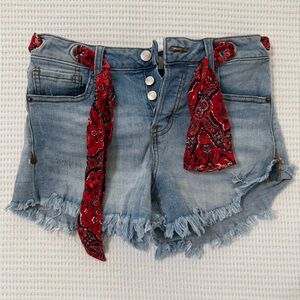 High-Rise Distressed Light Blue Denim Shorts with Red Bandana